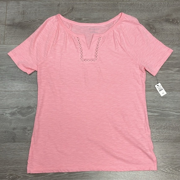 NWT Talbots Embroider Lace Trim Split Neck Cotton Tee Gardenia Pink XS - Picture 3 of 13